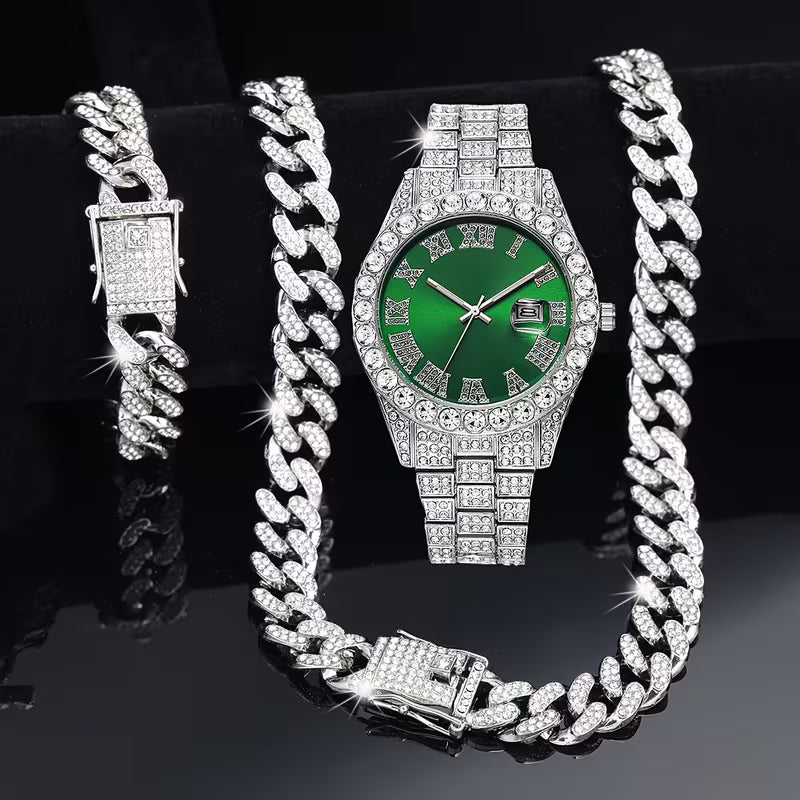 CADENA CUBANA + PULSERA CUBANA + RELOJ ICED GREEN