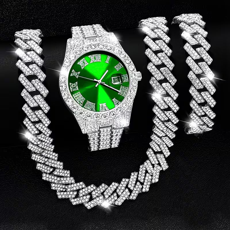 CADENA CUBANA + PULSERA CUBANA + RELOJ ICED GREEN