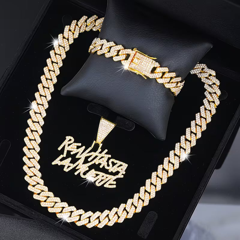CADENA CUBANA + DIJE RHLM + PULSERA CUBANA GOLD