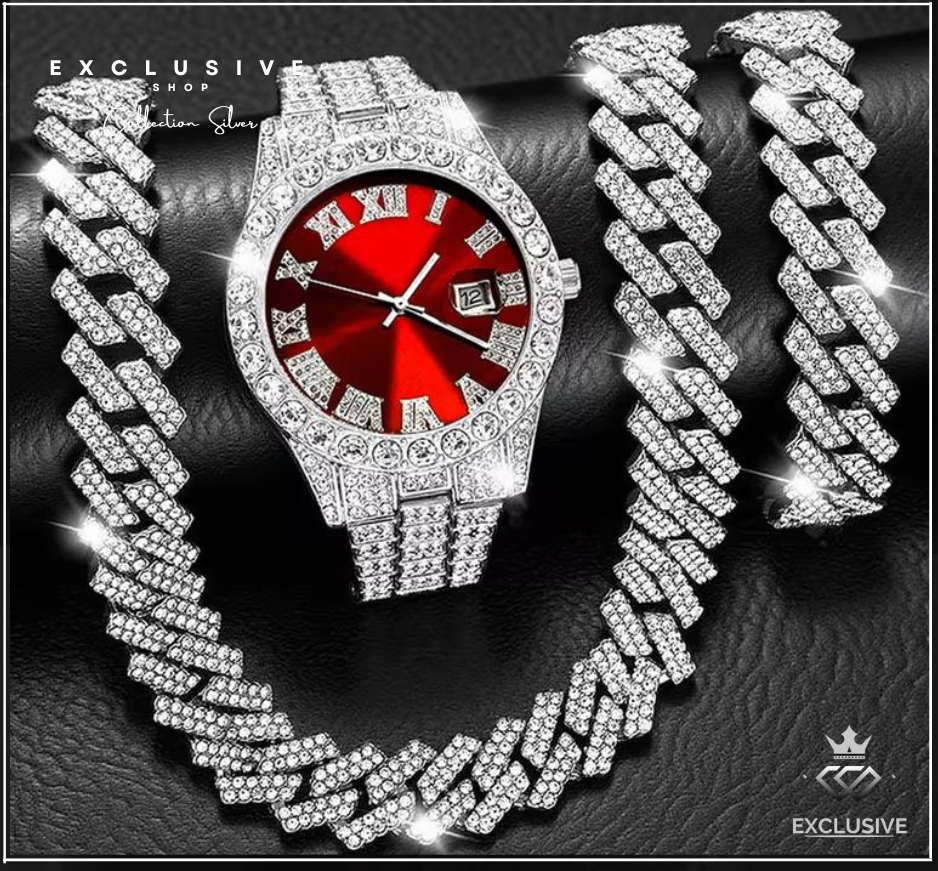 CADENA CUBANA + PULSERA CUBANA + RELOJ ICED RED