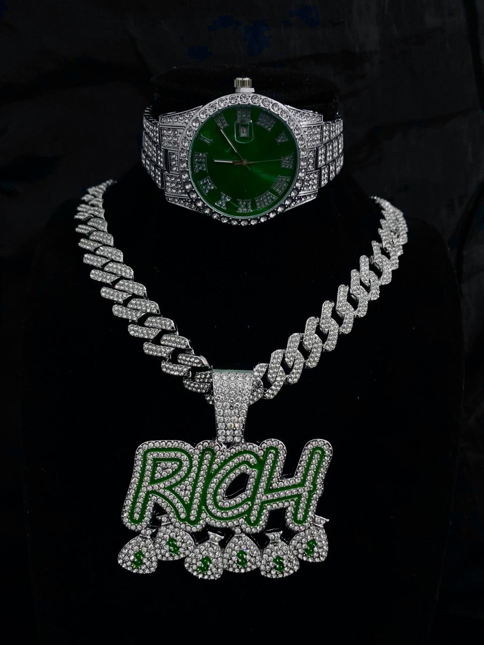 CADENA CUBANA + DIJE RICH + RELOJ ICED GREEN
