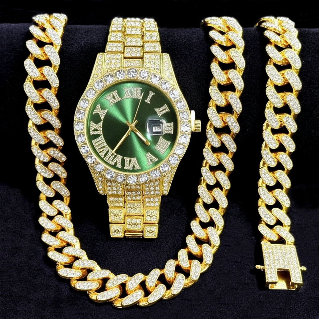 CADENA CUBANA + PULSERA CUBANA + RELOJ ICED GRREN GOLD