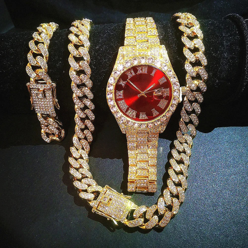 CADENA CUBANA + PULSERA CUBANA + RELOJ ICED RED GOLD